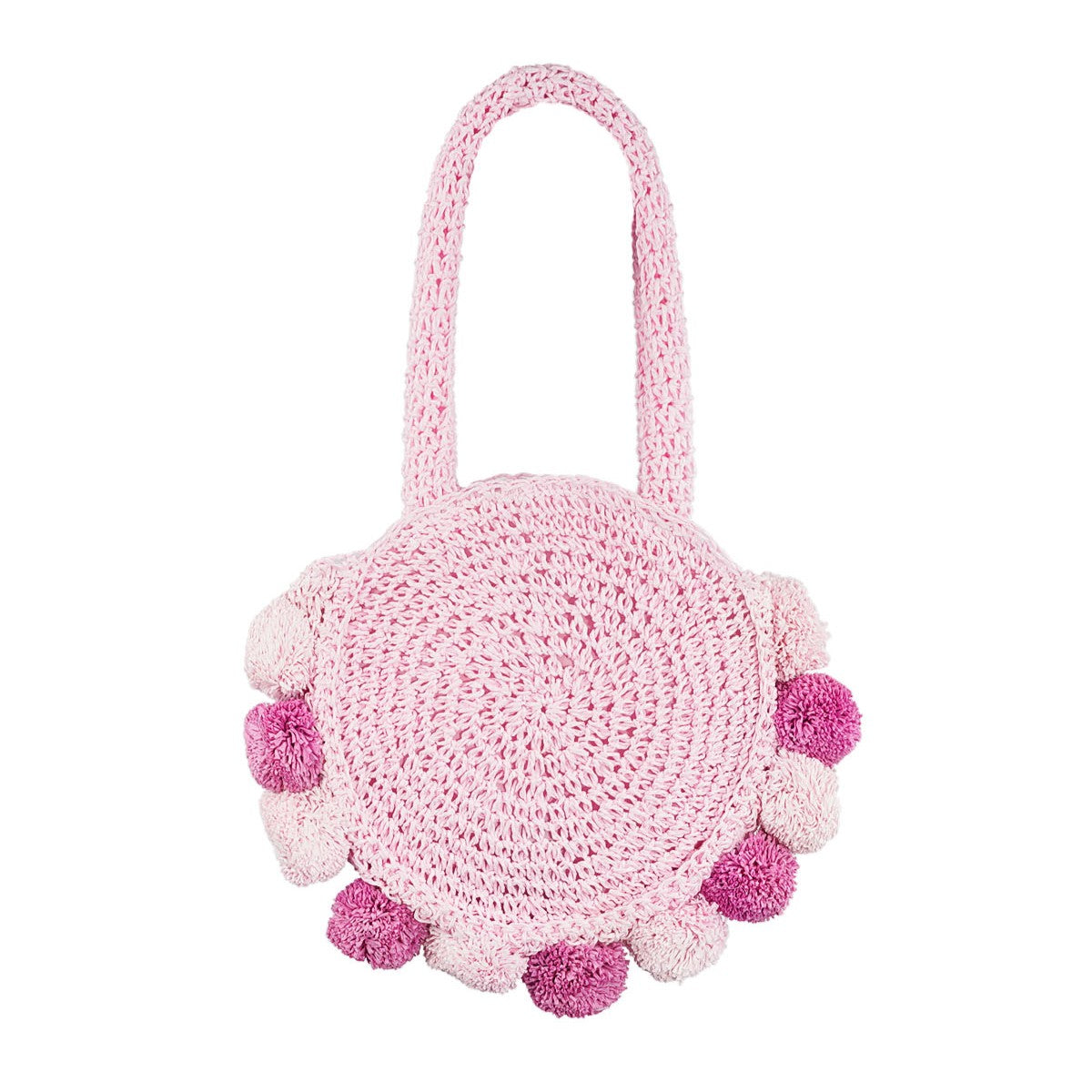 Round woven Pom Pom Beach Bag in Soft Blush Pink with decorative pom pom trim
