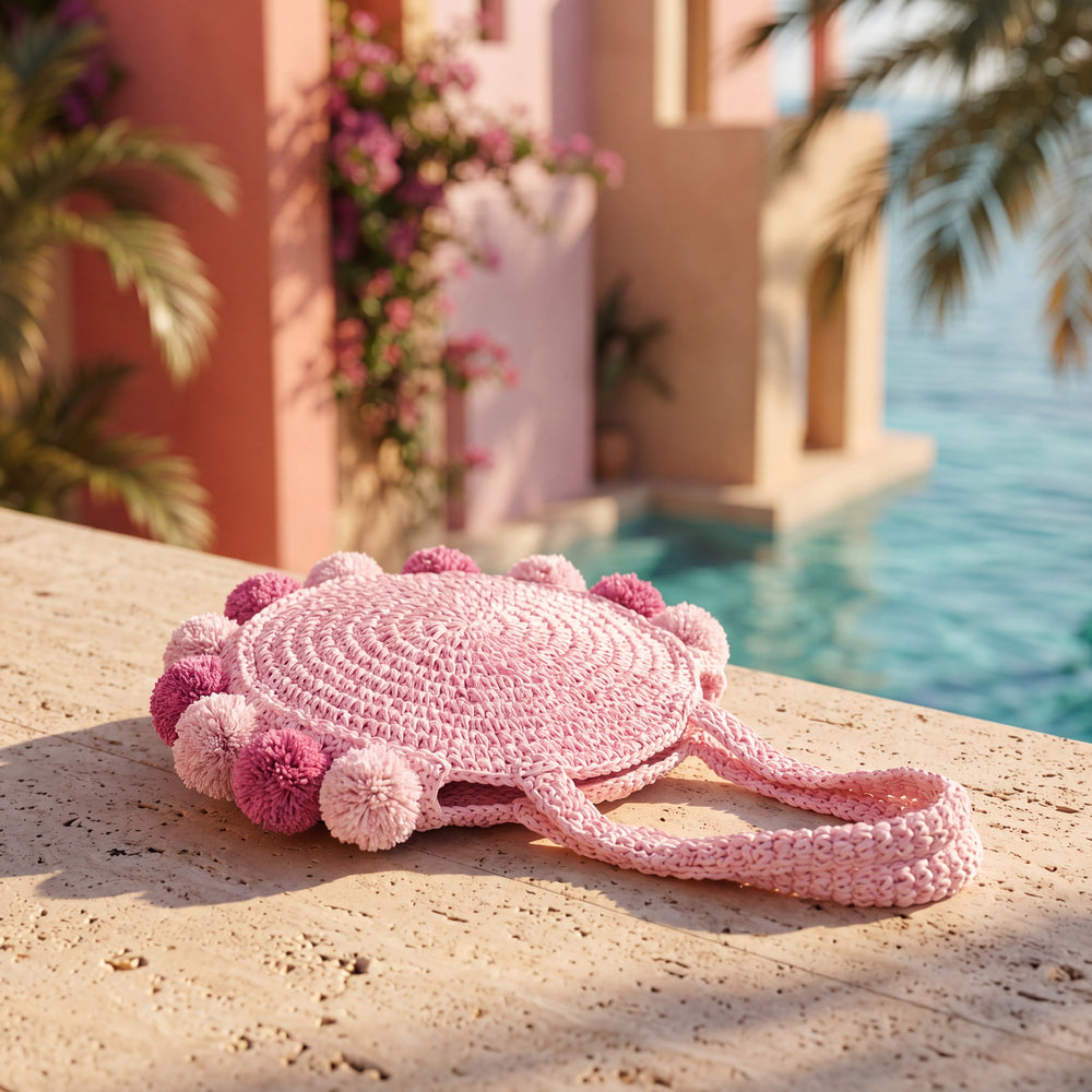 Soft Blush Pink Pom Pom Beach Bag displayed poolside at a luxury Mediterranean resort