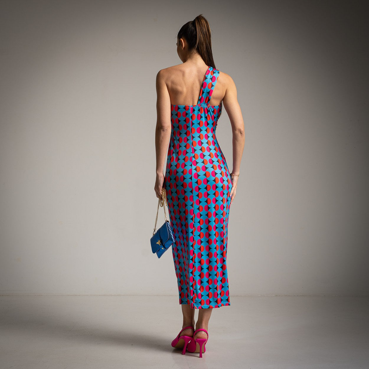 Black retro one-shoulder midi dress back view with open back design
