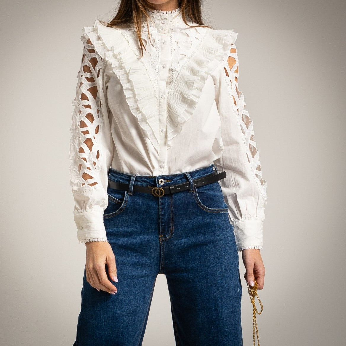 Romantic cut out detail cotton blouse with lace sleeves – MARIΓIOÚ