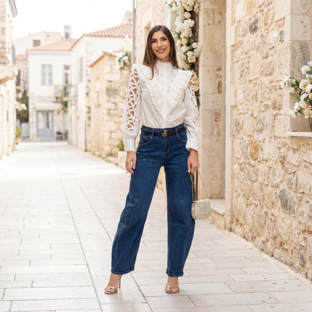 Full body look of romantic cut out detail cotton blouse styled with jeans – MARIΓIOÚ