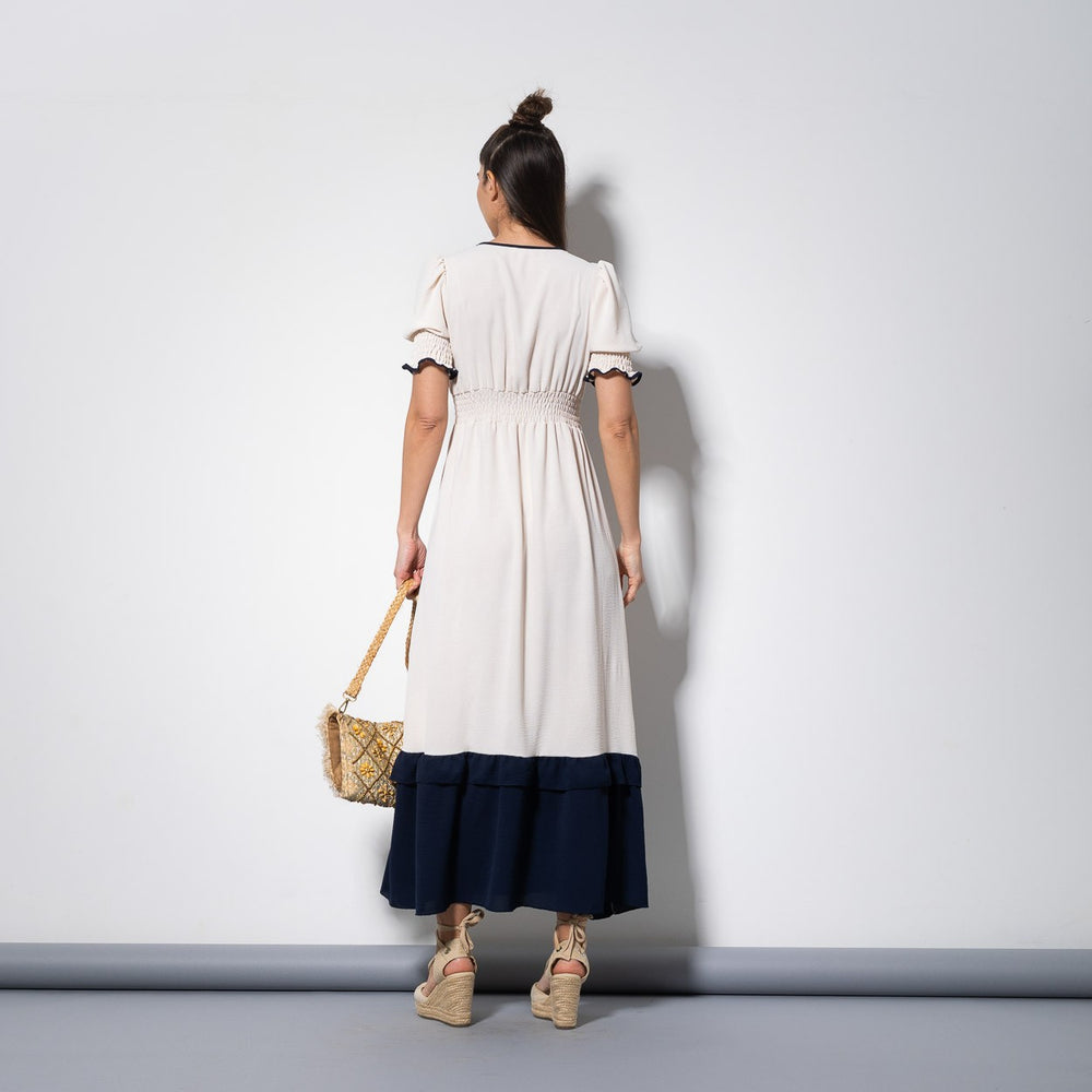 Romantic cream midi summer dress with contrast trim, back view with elastic waist