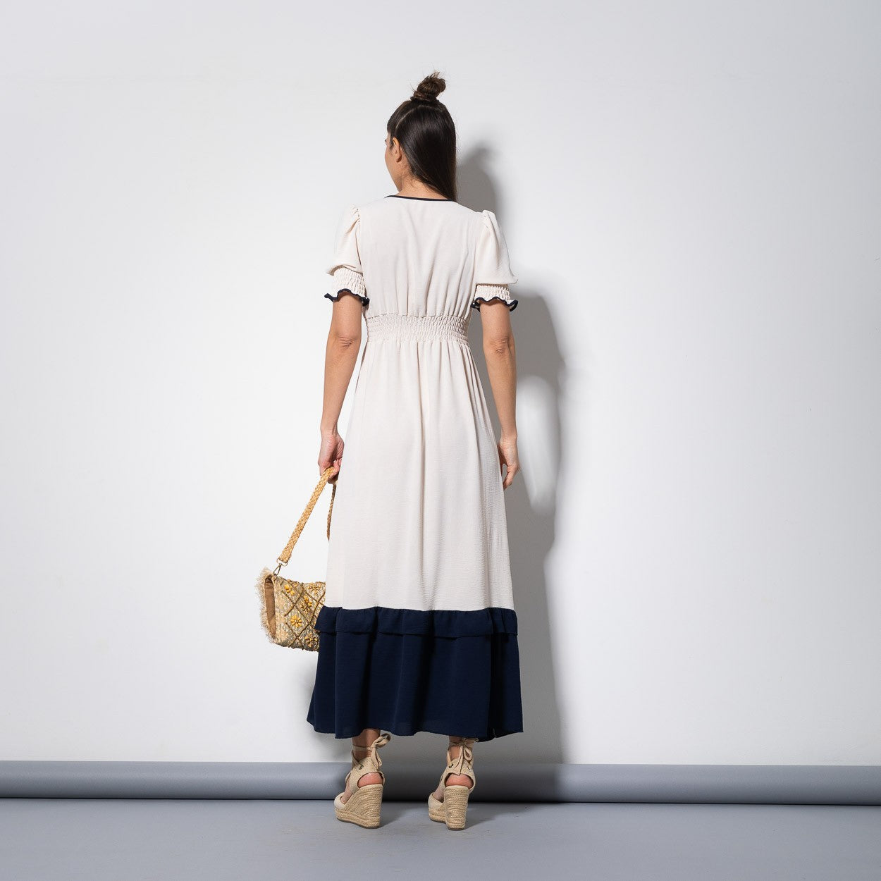 Romantic cream midi summer dress with contrast trim, back view with elastic waist