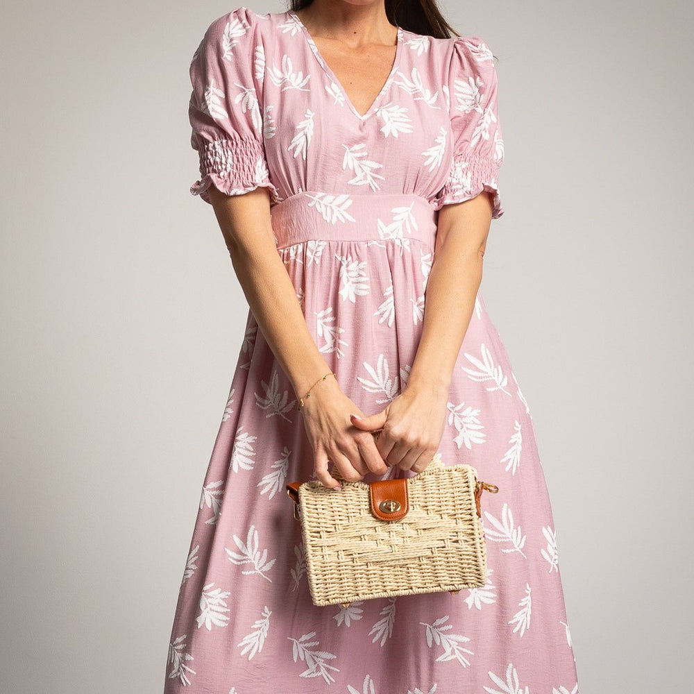 Romantic blush pink midi summer dress with leaf pattern and puff sleeves, front view