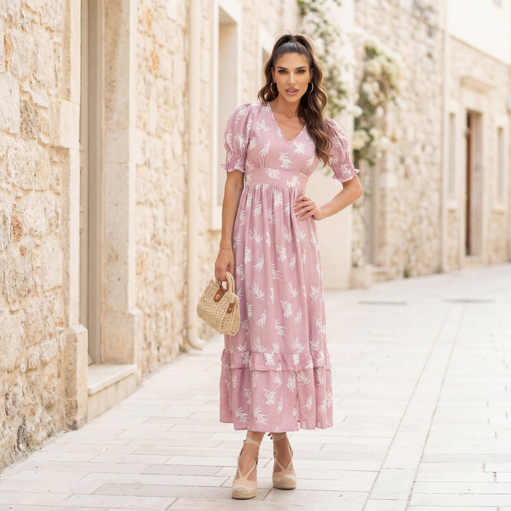 Stylish Midi One-Size Summer Dress with Leaf Pattern