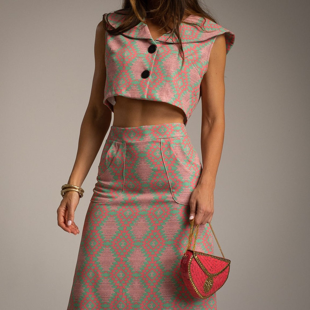 Rose printed crop vest and midi skirt set front view one size by MARIΓIOÚ