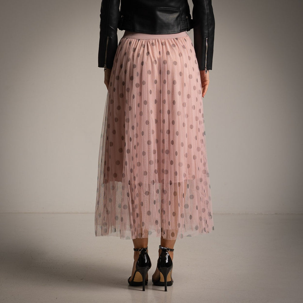Rose tulle midi skirt with polka dots back view
