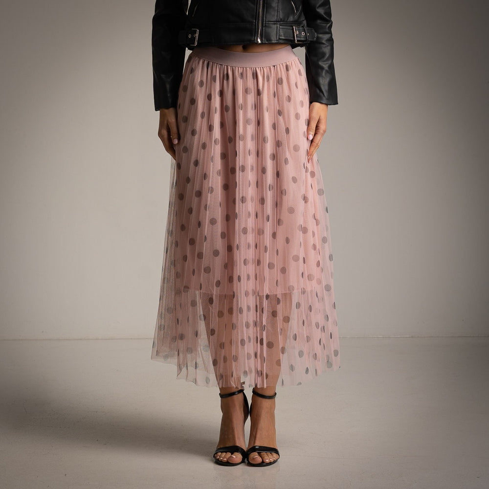 Rose tulle midi skirt with polka dots front view