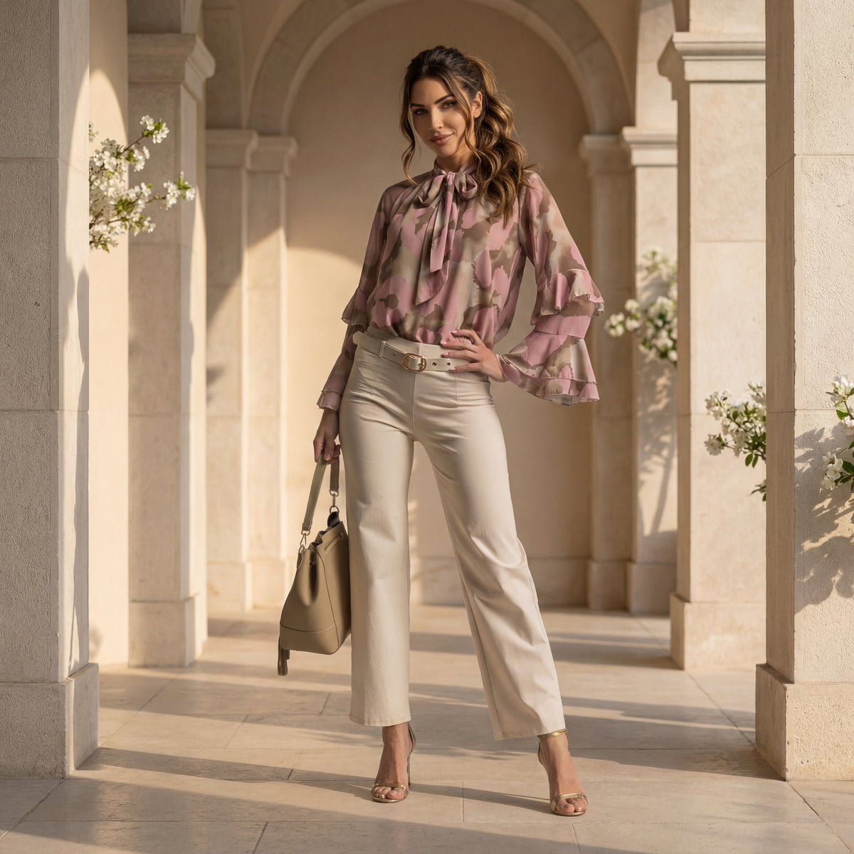 Rose watercolour print blouse with ruffle sleeves and bow neckline styled with beige trousers