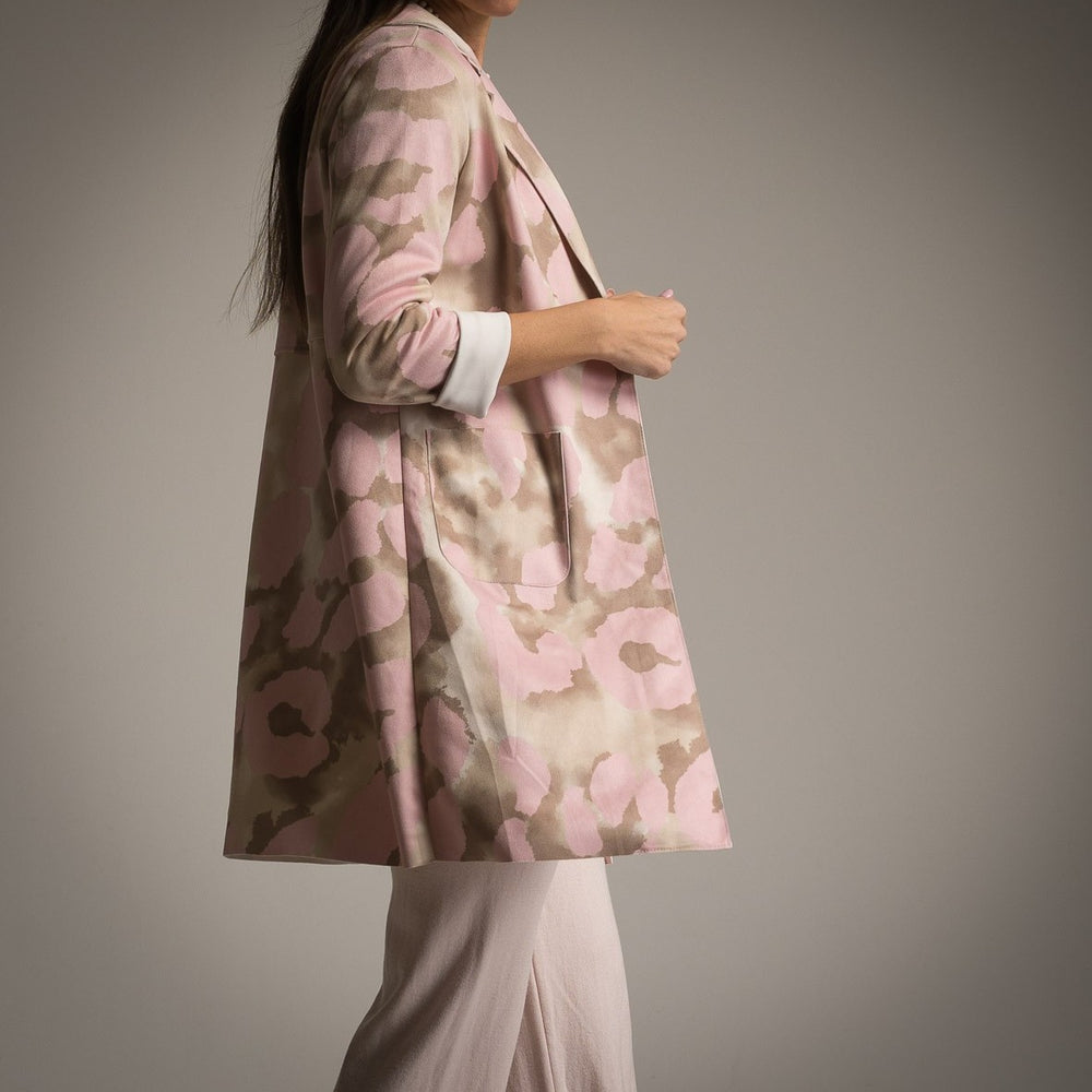 Side view of rose lightweight suede jacket with front pocket detail