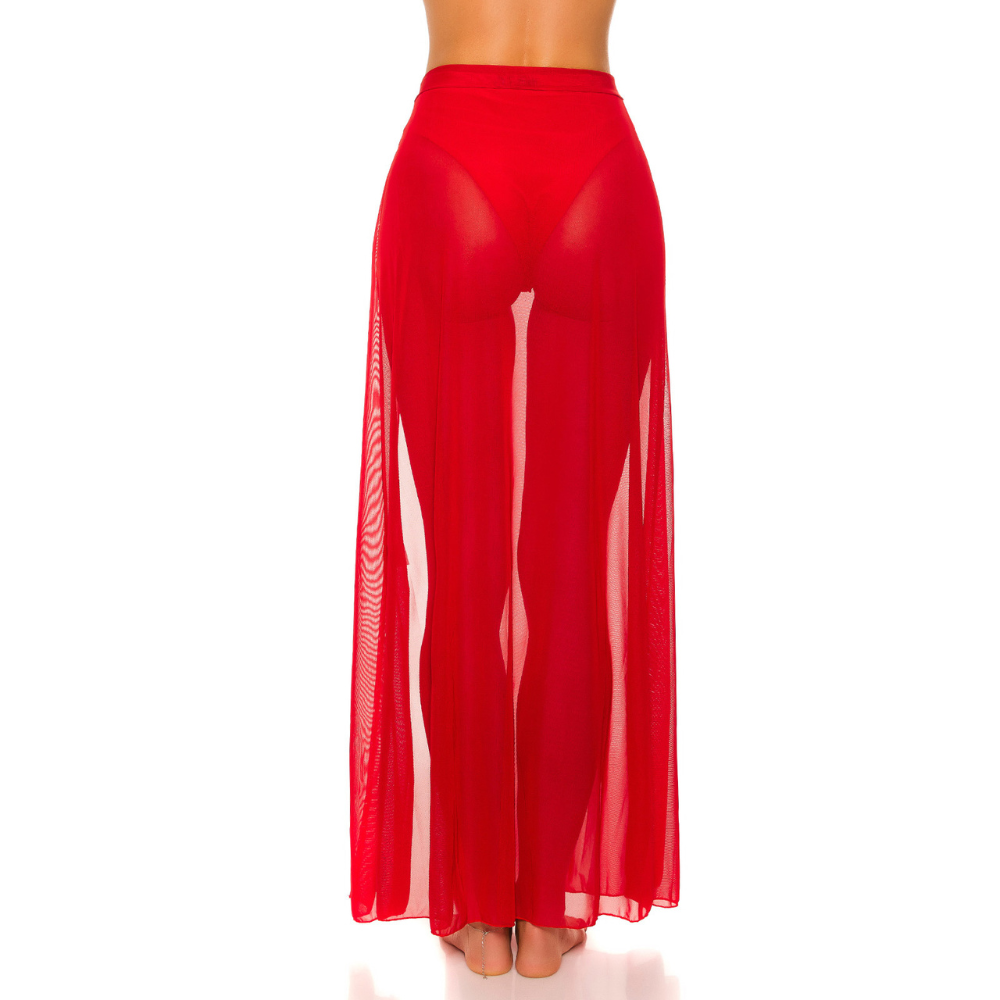 Back view of the Sheer Beach Wrap Maxi Skirt in Scarlet Red with flowing semi-sheer fabric