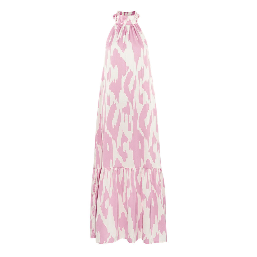 Soft Blush Rose neckholder maxi dress with abstract print front view on white background