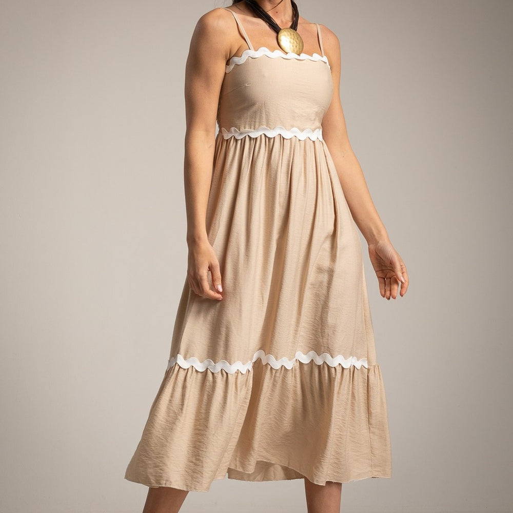 Soft Sand midi dress with white contrast trim and delicate shoulder straps