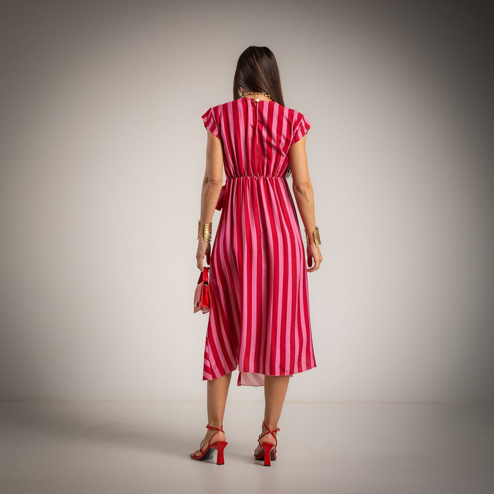 Striped midi dress in bougainvillea pink back view with waist tie