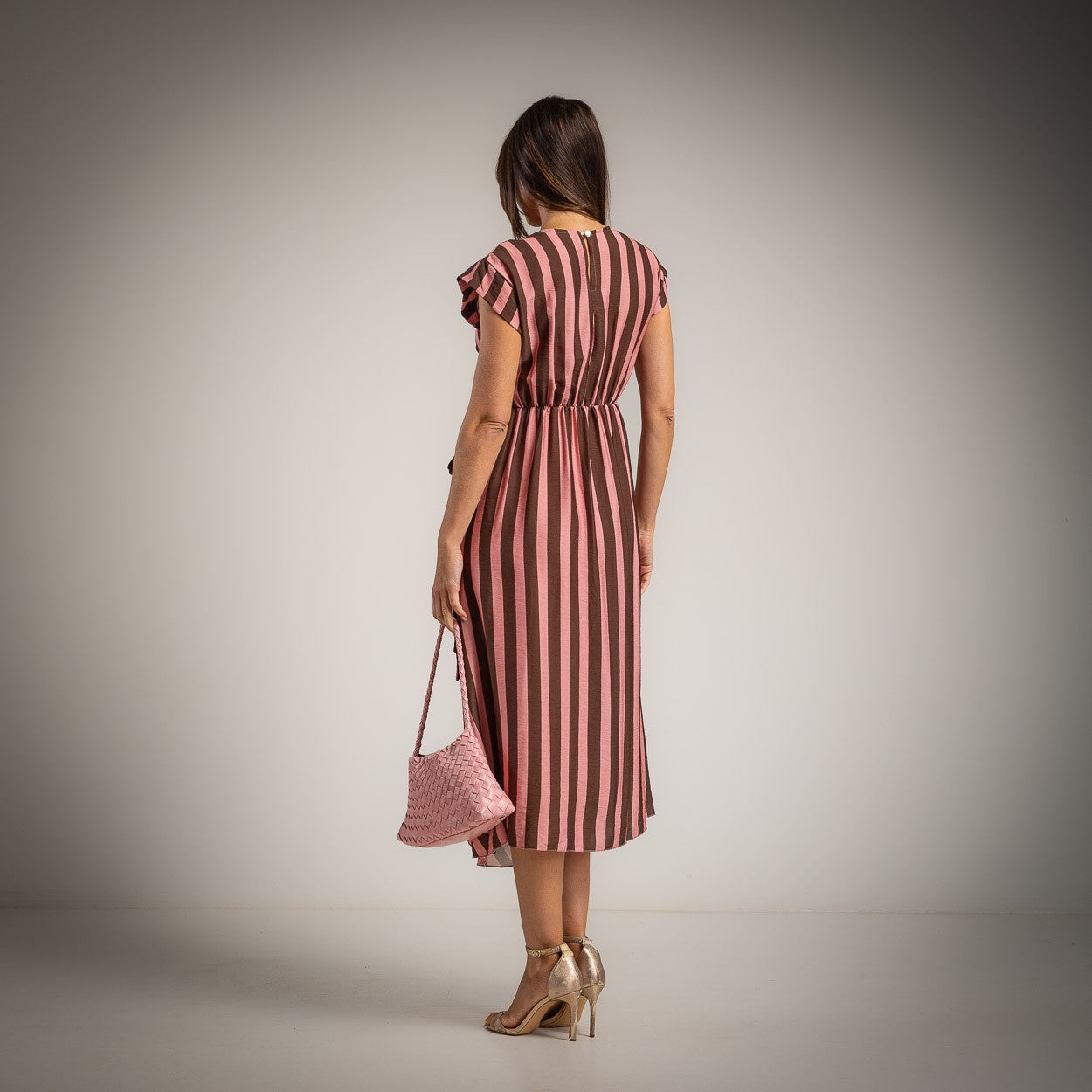 Striped midi dress in dusty rosewood with waist tie back view