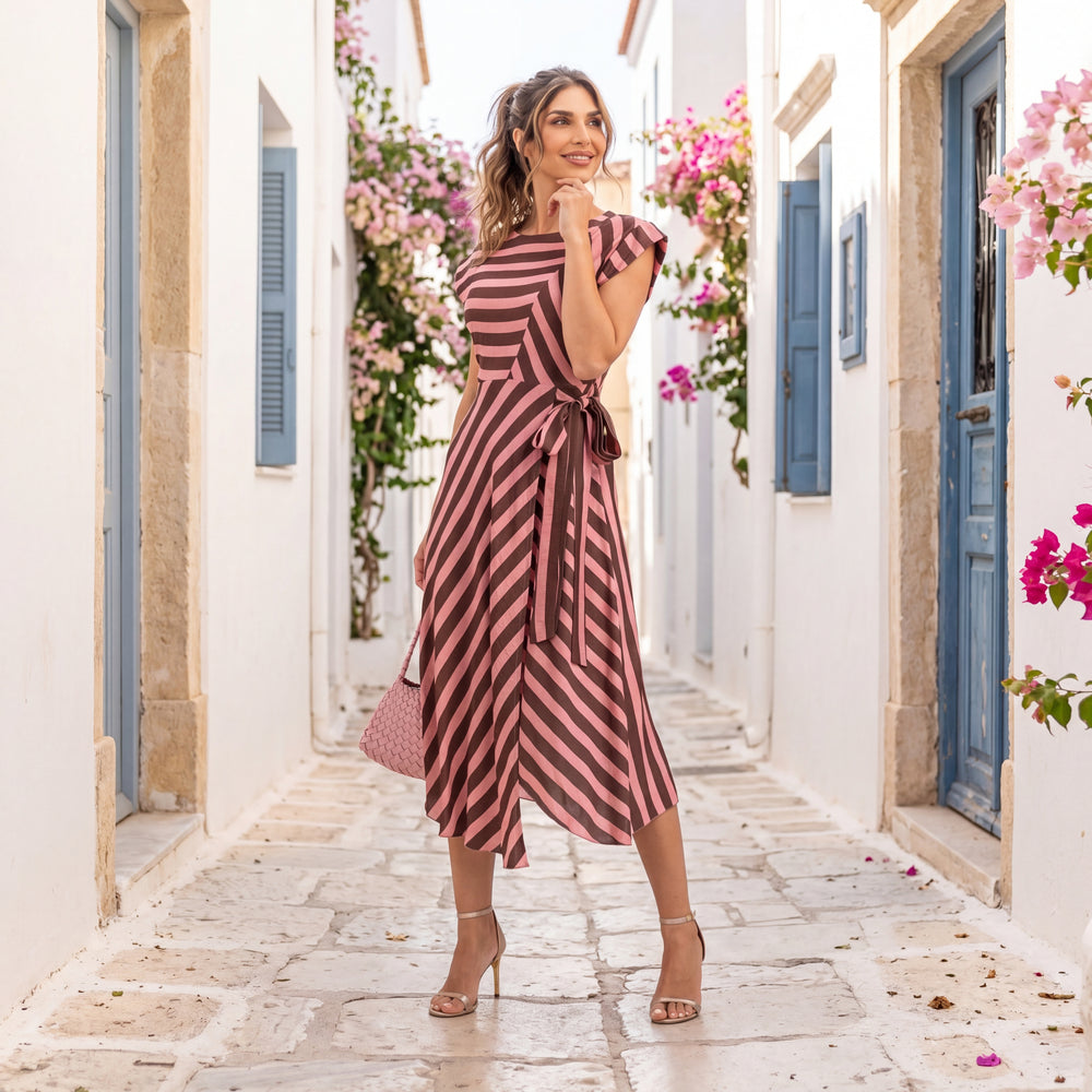 Elegant striped midi dress in dusty rosewood styled in mediterranean street setting