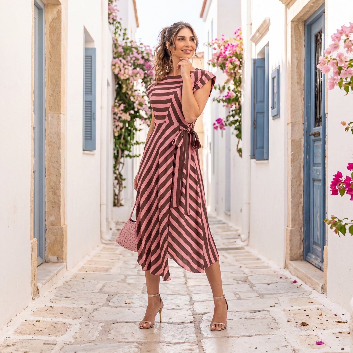 Elegant striped midi dress in dusty rosewood styled in mediterranean street setting