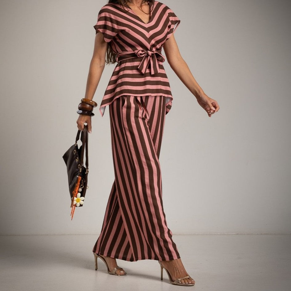 Striped two piece set with waist belt in dusty rose and chocolate brown with wide leg pants front view