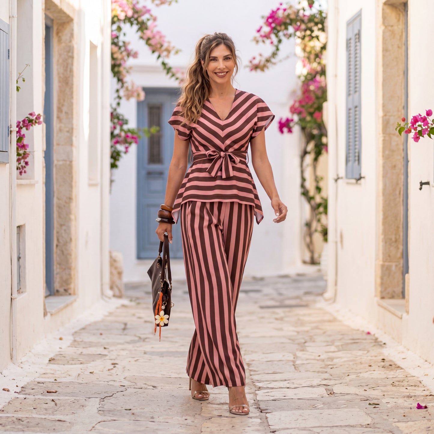 Elegant striped two piece set with waist belt styled in mediterranean street setting with wide leg pants