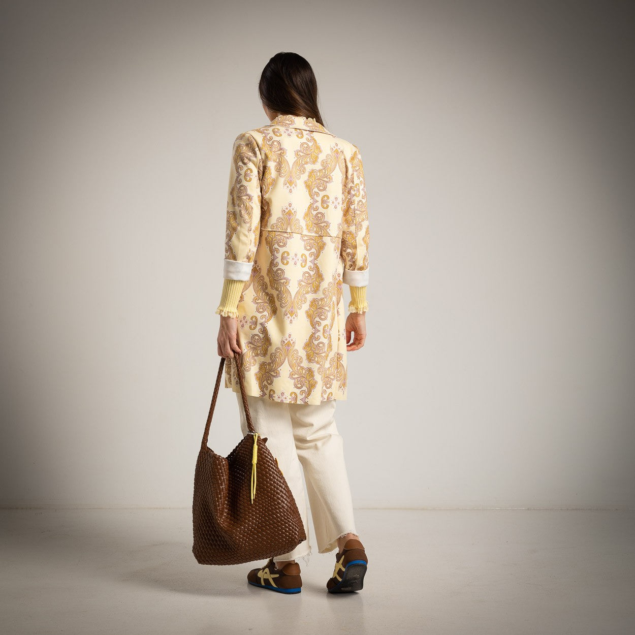 Back view of mango suede long jacket with paisley pattern – MARIΓIOÚ