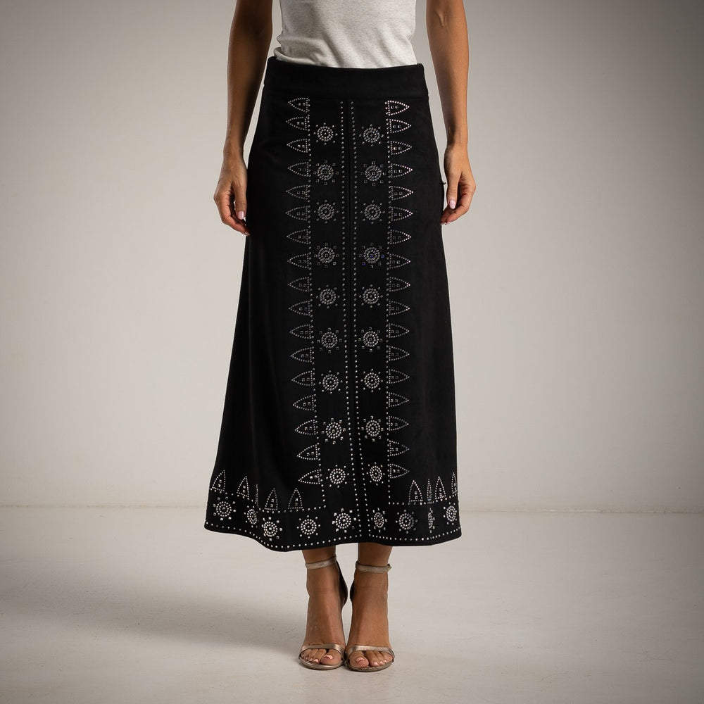 Suede midi skirt with rhinestone embellishments front view