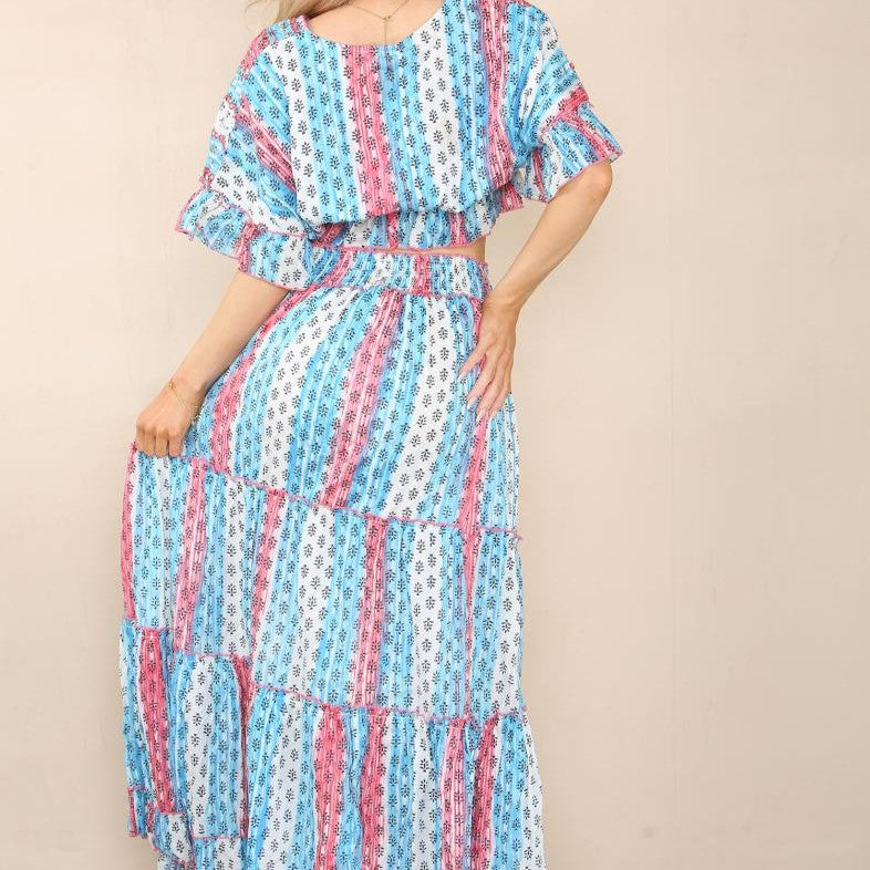 Boho two piece set in ocean blue back view with flowy maxi skirt and cropped top
