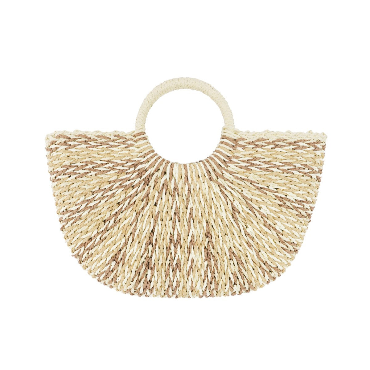 Sunset Woven Beach Bag in Desert Sand featuring a natural woven design and round handles