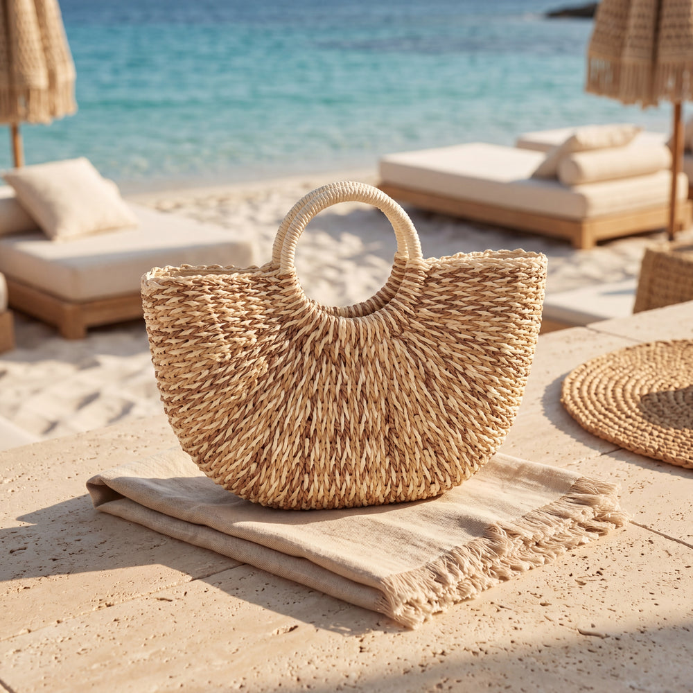 Desert Sand Sunset Woven Beach Bag displayed by the beach in a luxury resort setting