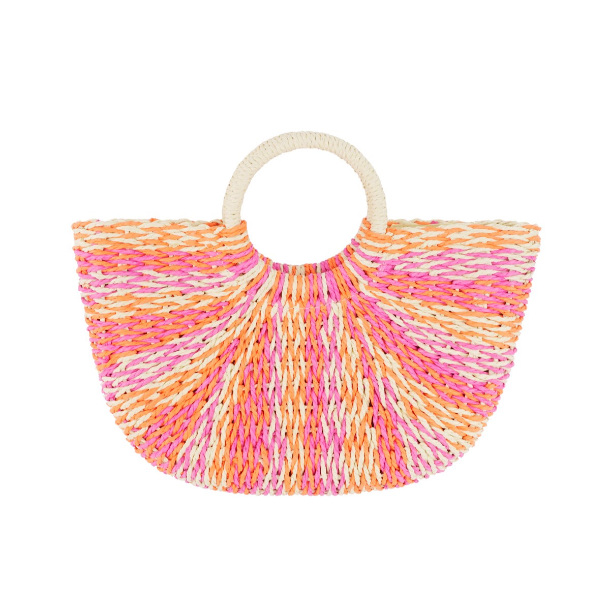 Sunset Woven Beach Bag in Orchid Sunset featuring round handles and colorful woven detailing