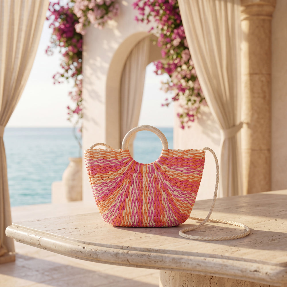 Sunset Woven Beach Bag in Orchid Sunset displayed at a luxury Mediterranean resort
