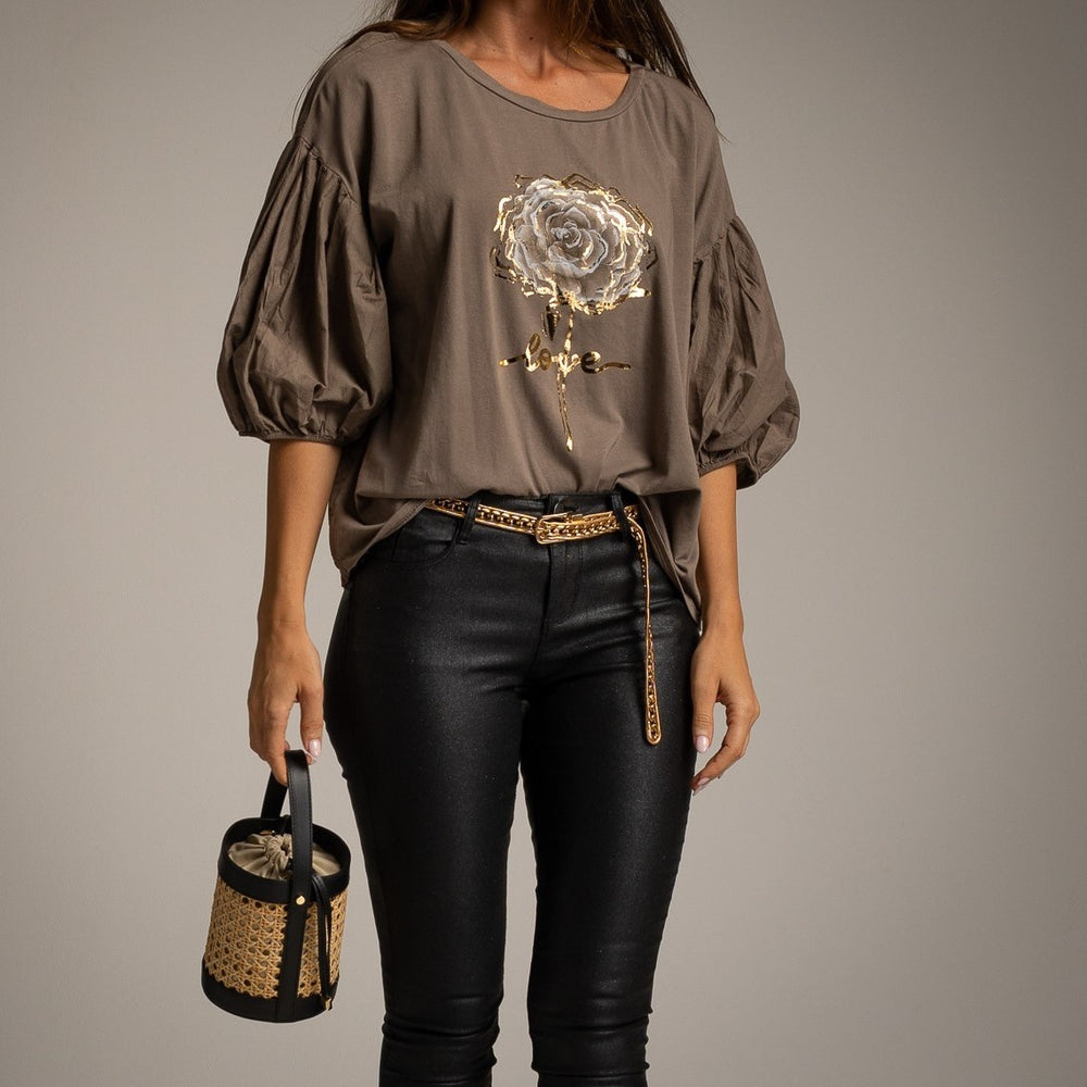 Taupe puff sleeve shirt with rose print and gold love detail by MARIΓIOÚ