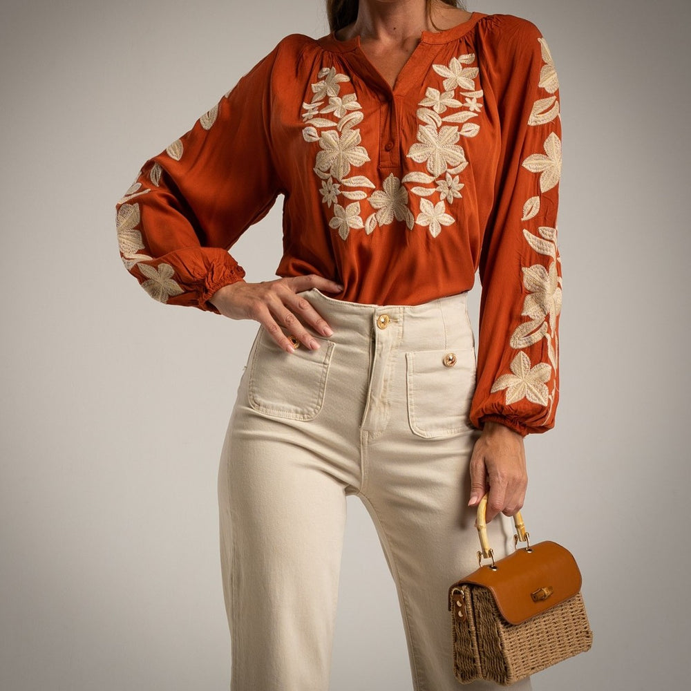 Teja embroidered blouse front view with floral embroidery