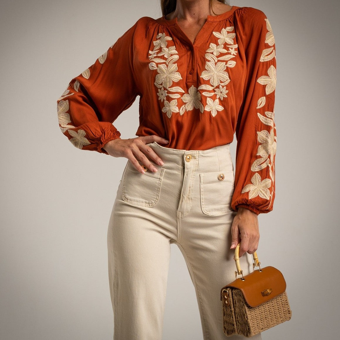 Teja embroidered blouse front view with floral embroidery