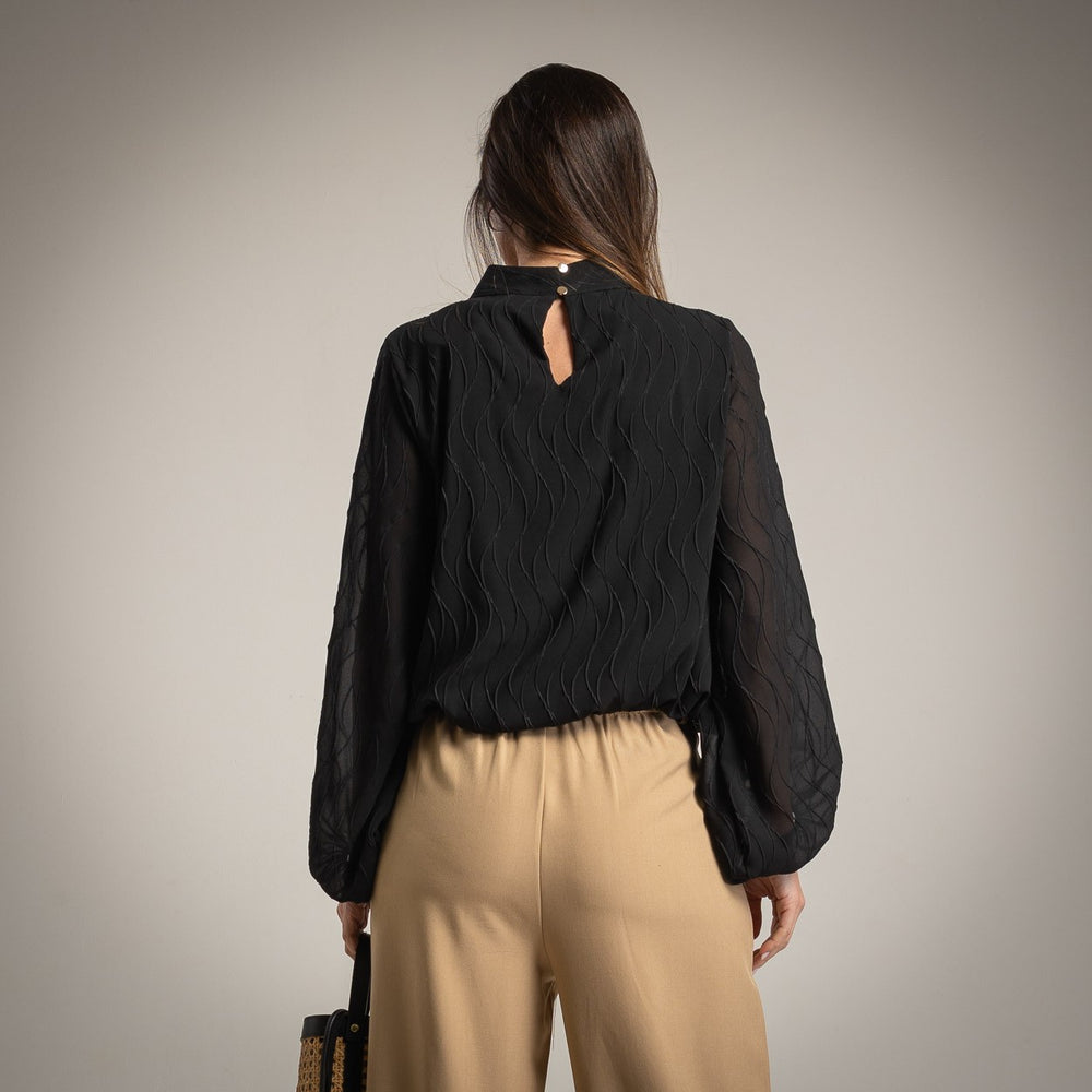 Back view of black textured wave blouse with sheer sleeves – MARIΓIOÚ