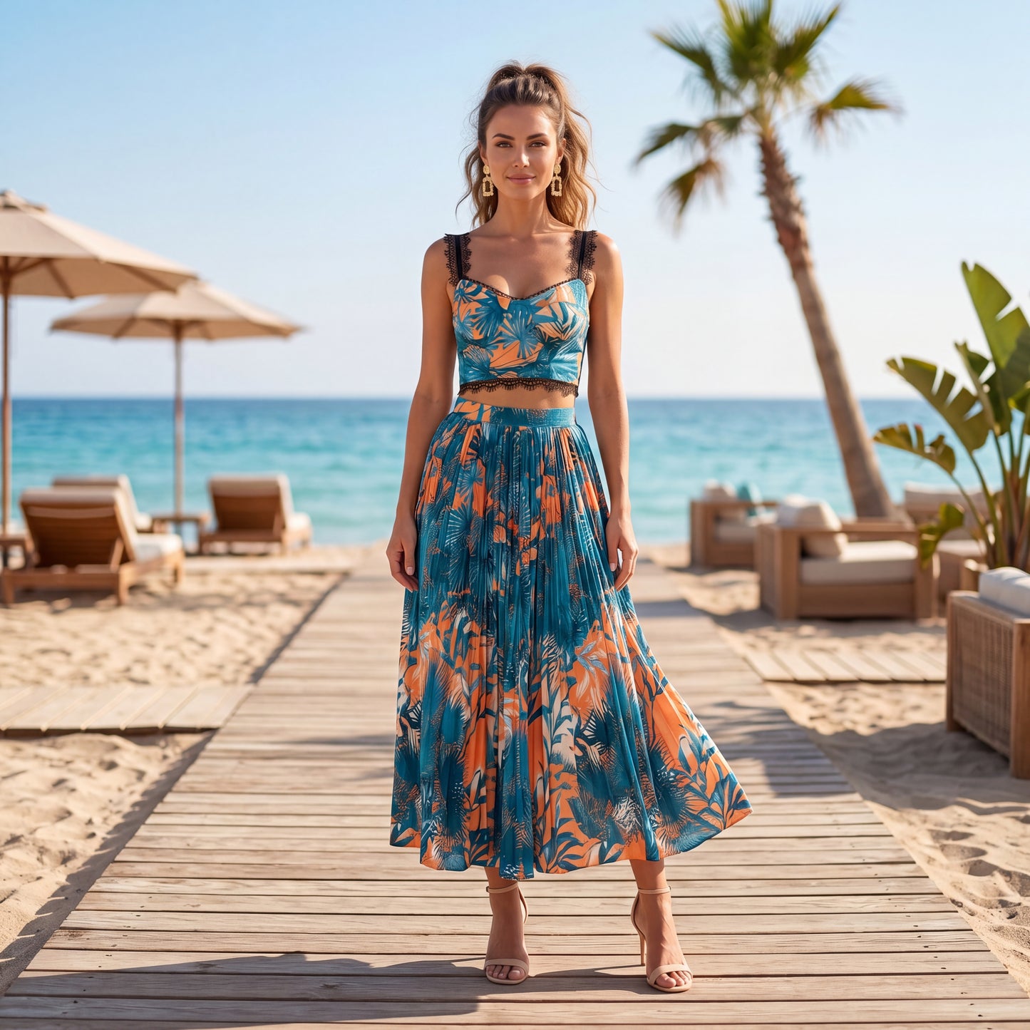 Tropical two piece set in deep ocean blue with crop top and midi skirt styled on beach front view