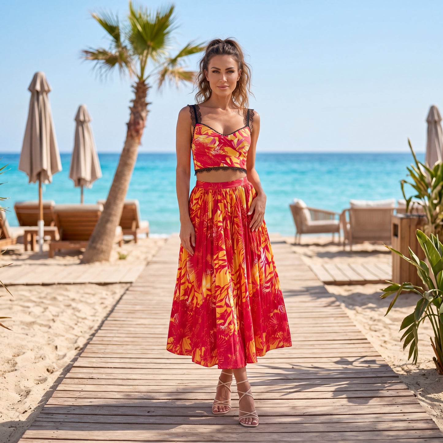 Tropical two piece set in sunset red with crop top and midi skirt styled on beach front view