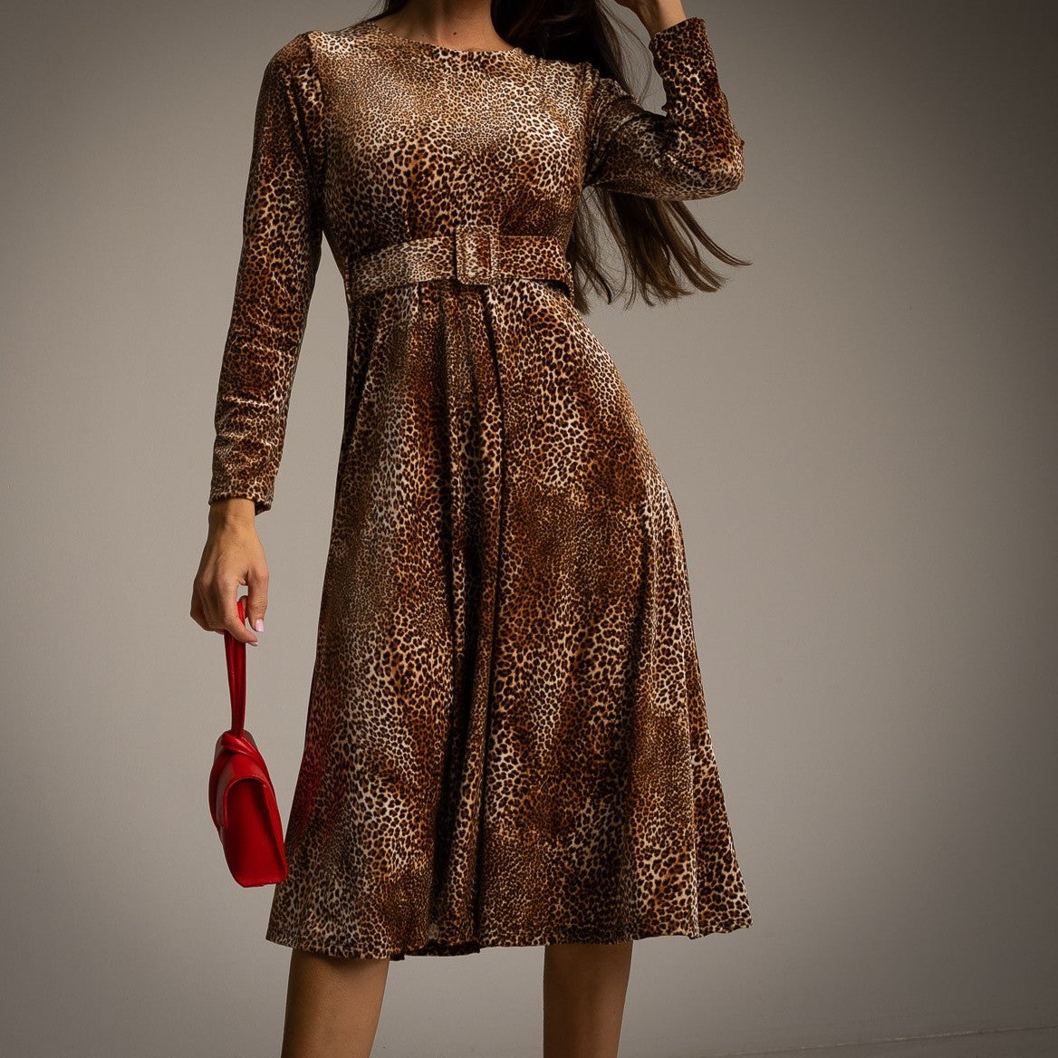 Brown velvet animal print dress with waist belt – front view