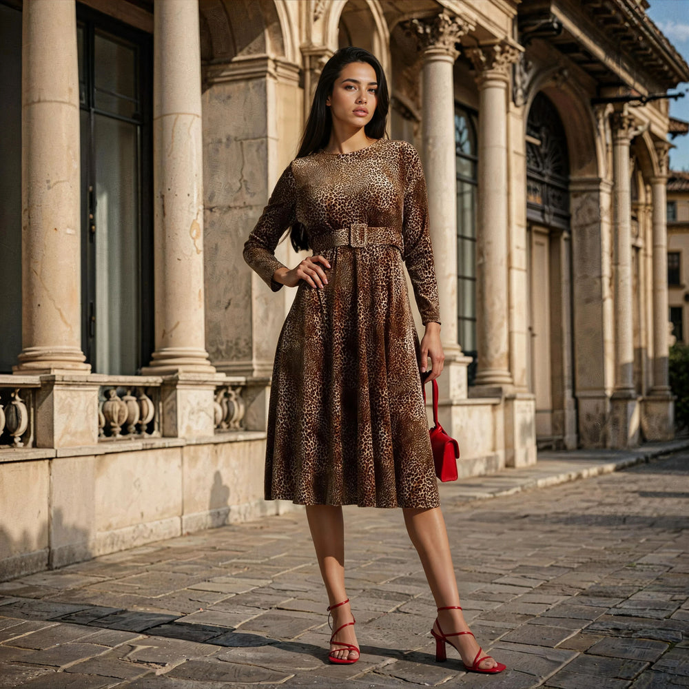Brown velvet animal print dress styled with red accessories – street style
