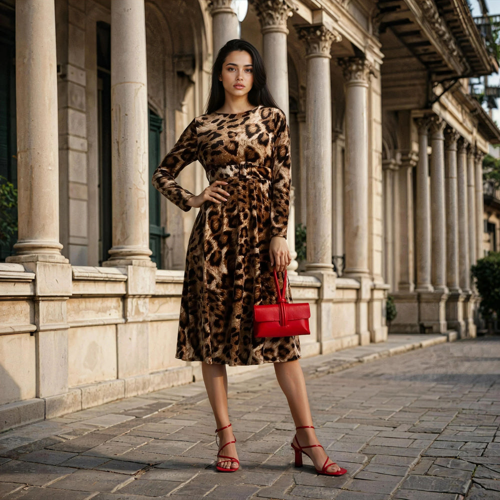 Velvet animal print dress styled with red accessories – street style look