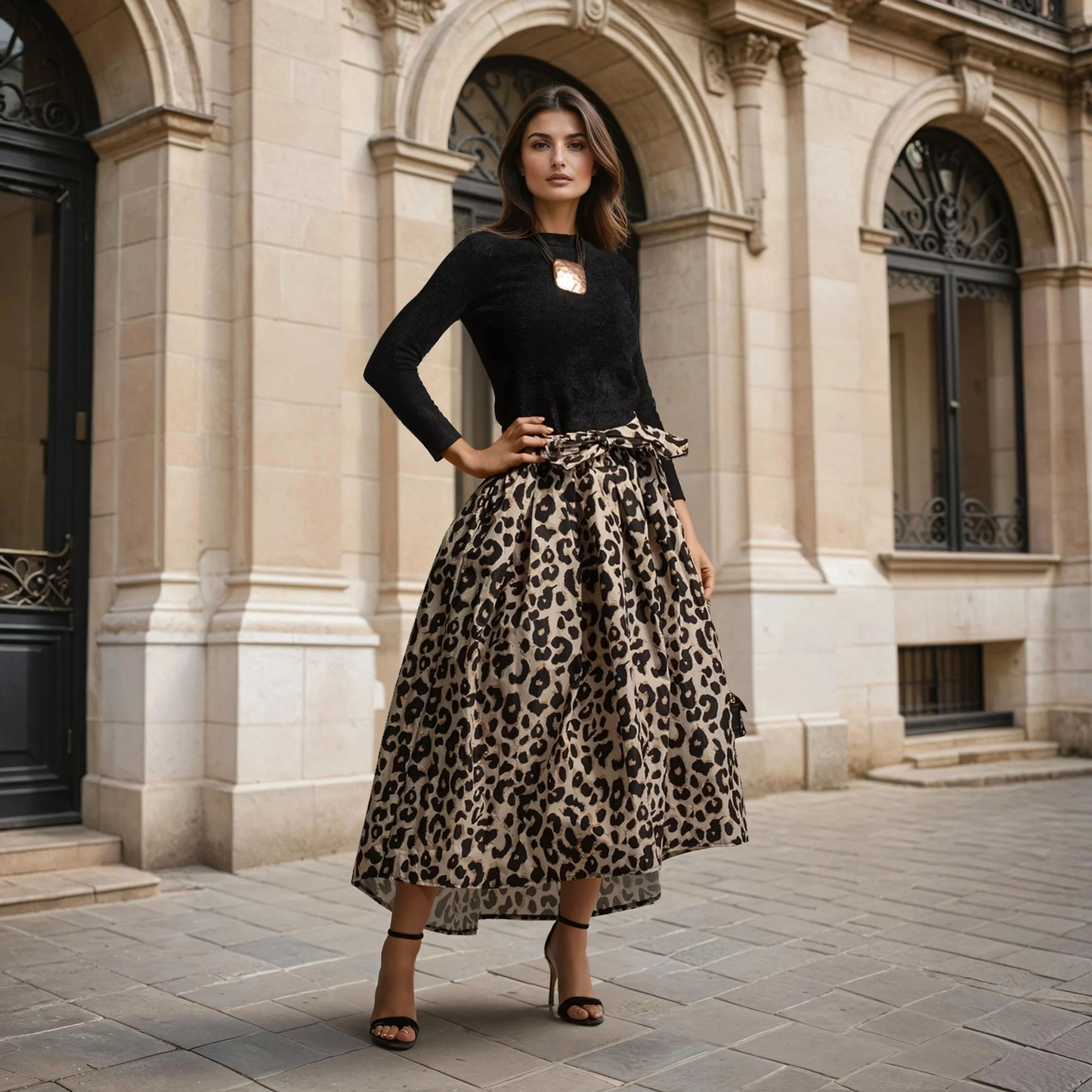 Leopard print volume skirt styled with black top – outdoor street style